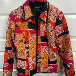 Vintage SILKLAND Quilted Jacket Womens Orange Pink Patchwork Silk Boho Medium